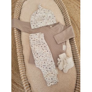 Newbornset filler flower beige met overslagtruitje taupe ajour