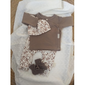 Newbornset overslagtruitje french terry taupe en broekje splash 